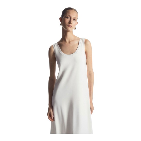 COS Scoop Neck Jersey Midi Dress Cream Size Medium Sleeveless Ribbed Edge Fluid - Picture 9 of 14